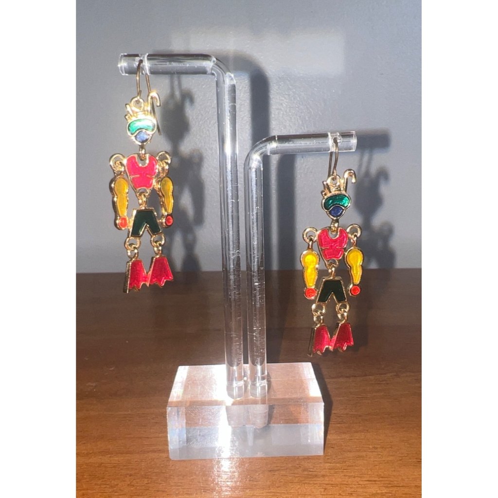 Vtg Edgar Berebi Funky Enamel Art Articulated People Gold Tone Pierced Earrings 30$